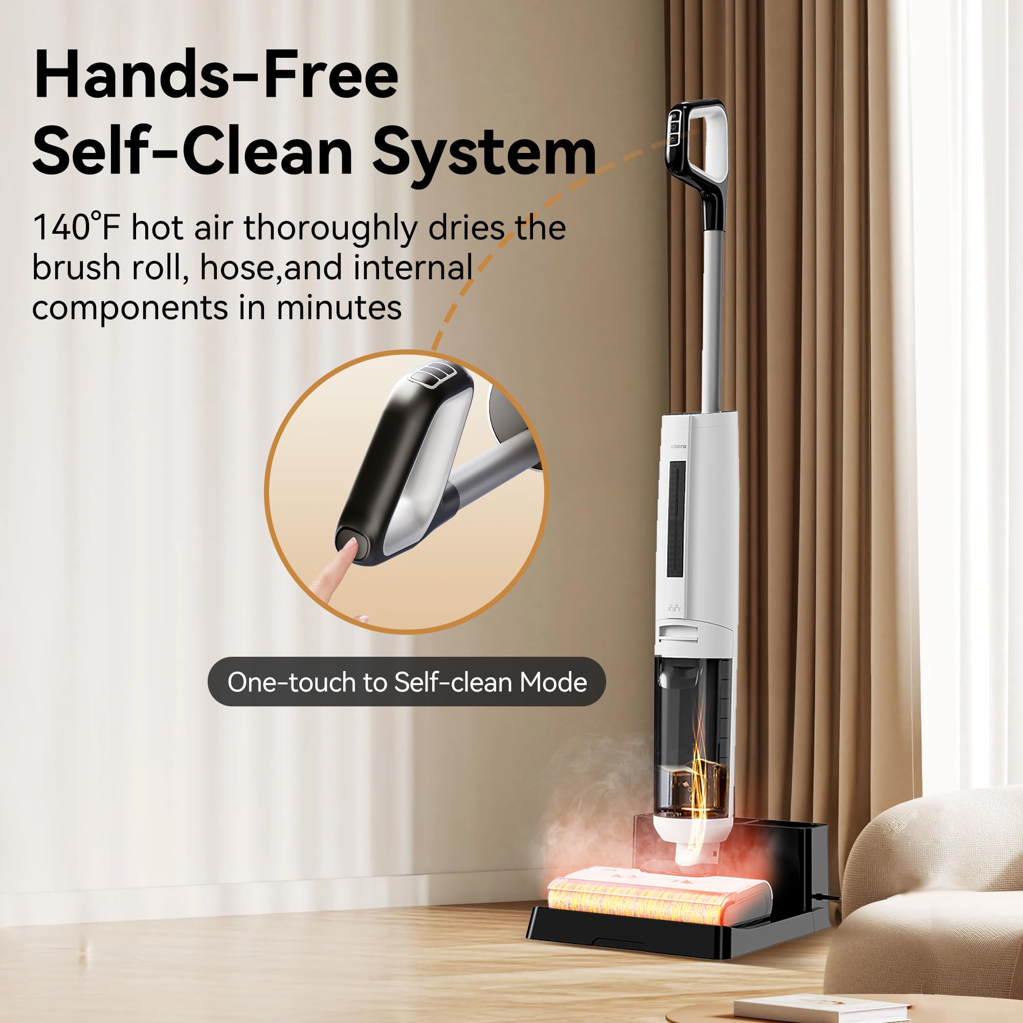 Cleera 18000Pa suction pulls embedded dirt and pet hair on hard floors.