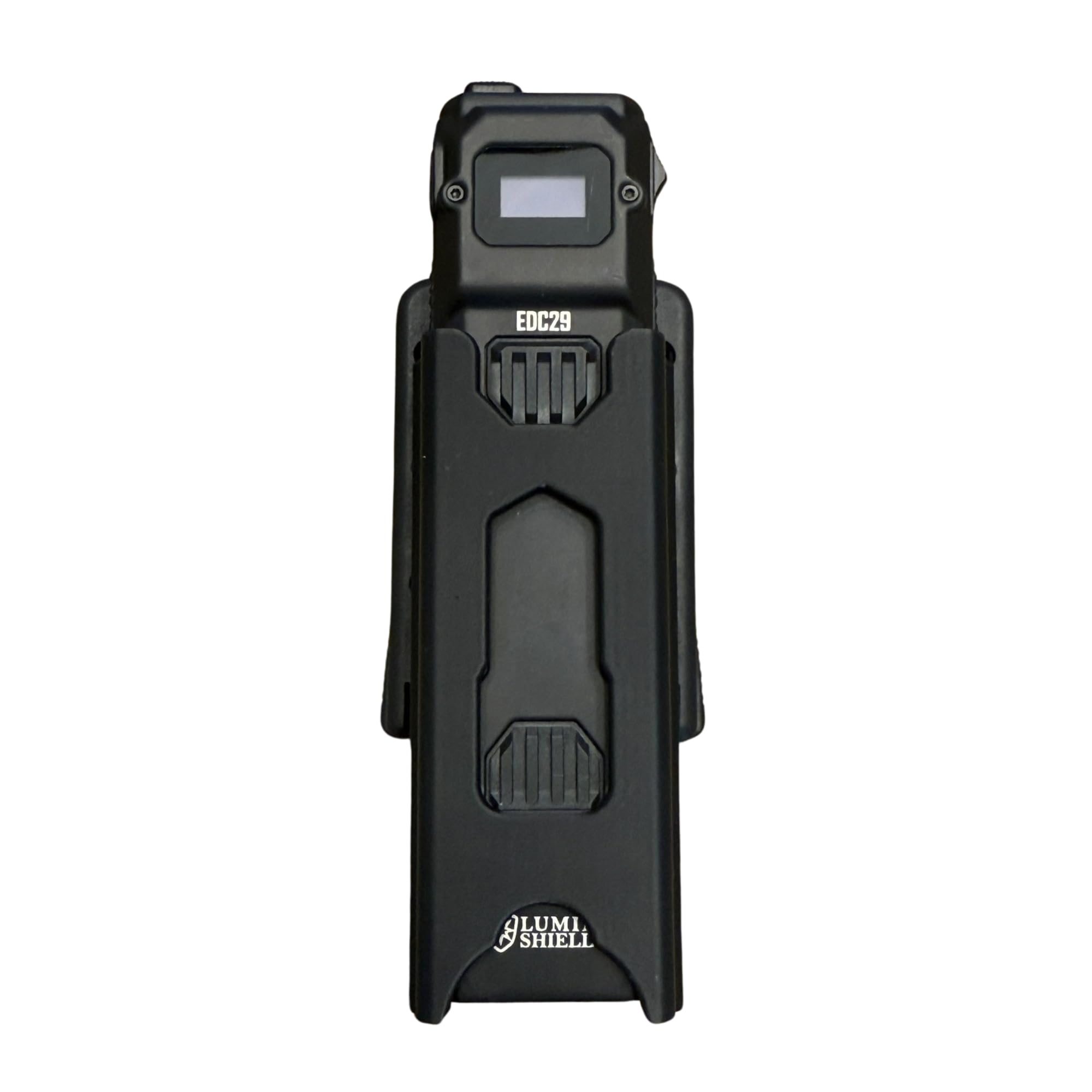 Clip & Carry EDC29 holster front view with secure locking for belt carry.