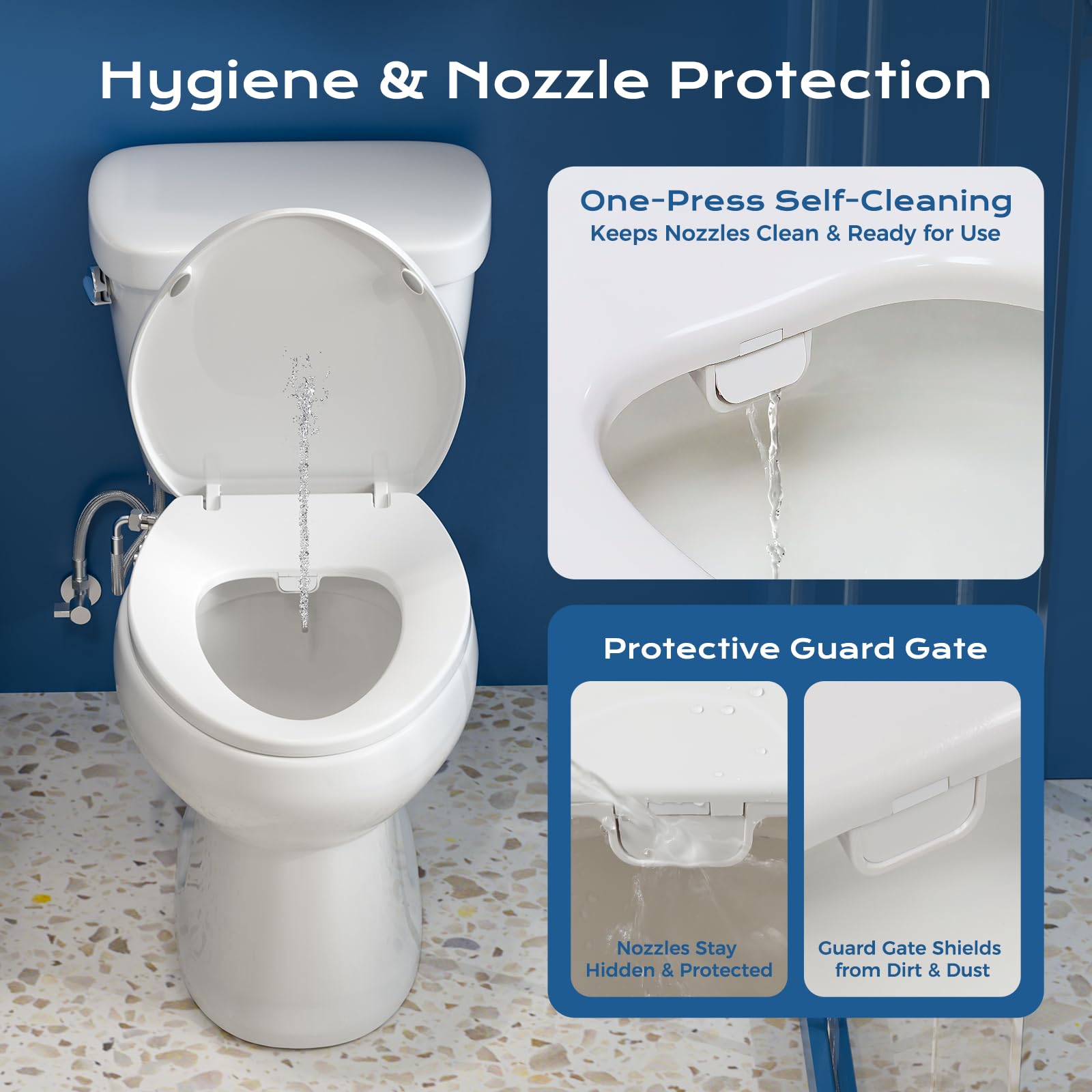 Clirass bidet seat self-cleaning highlights hygienic nozzle maintenance before and after use.