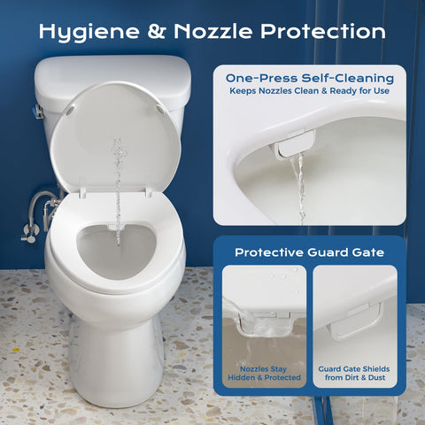Clirass bidet seat self-cleaning highlights hygienic nozzle maintenance before and after use.
