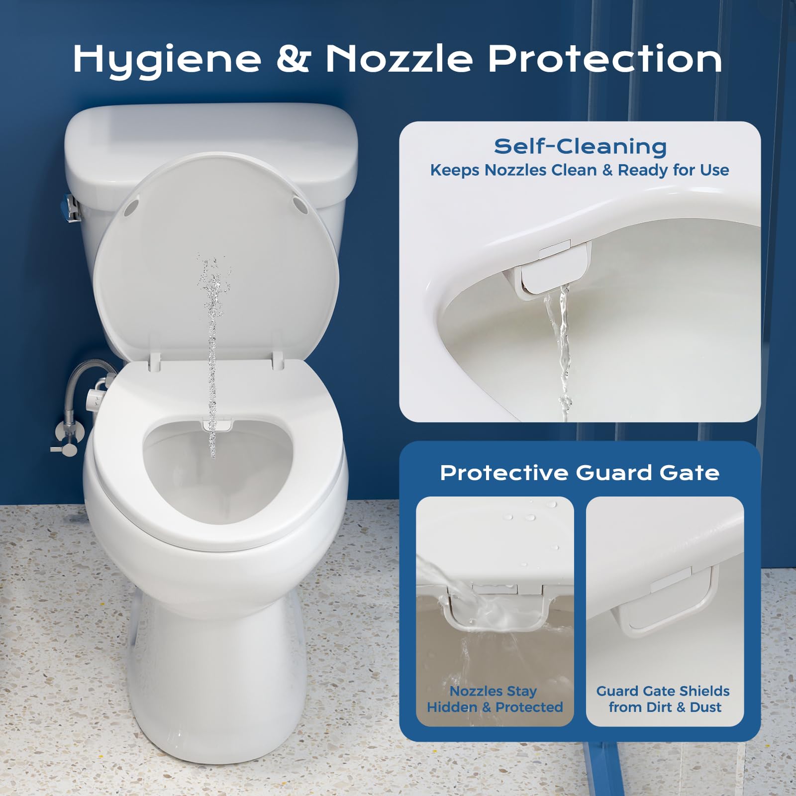 Clirass bidet seat dual nozzles for front and rear cleansing.