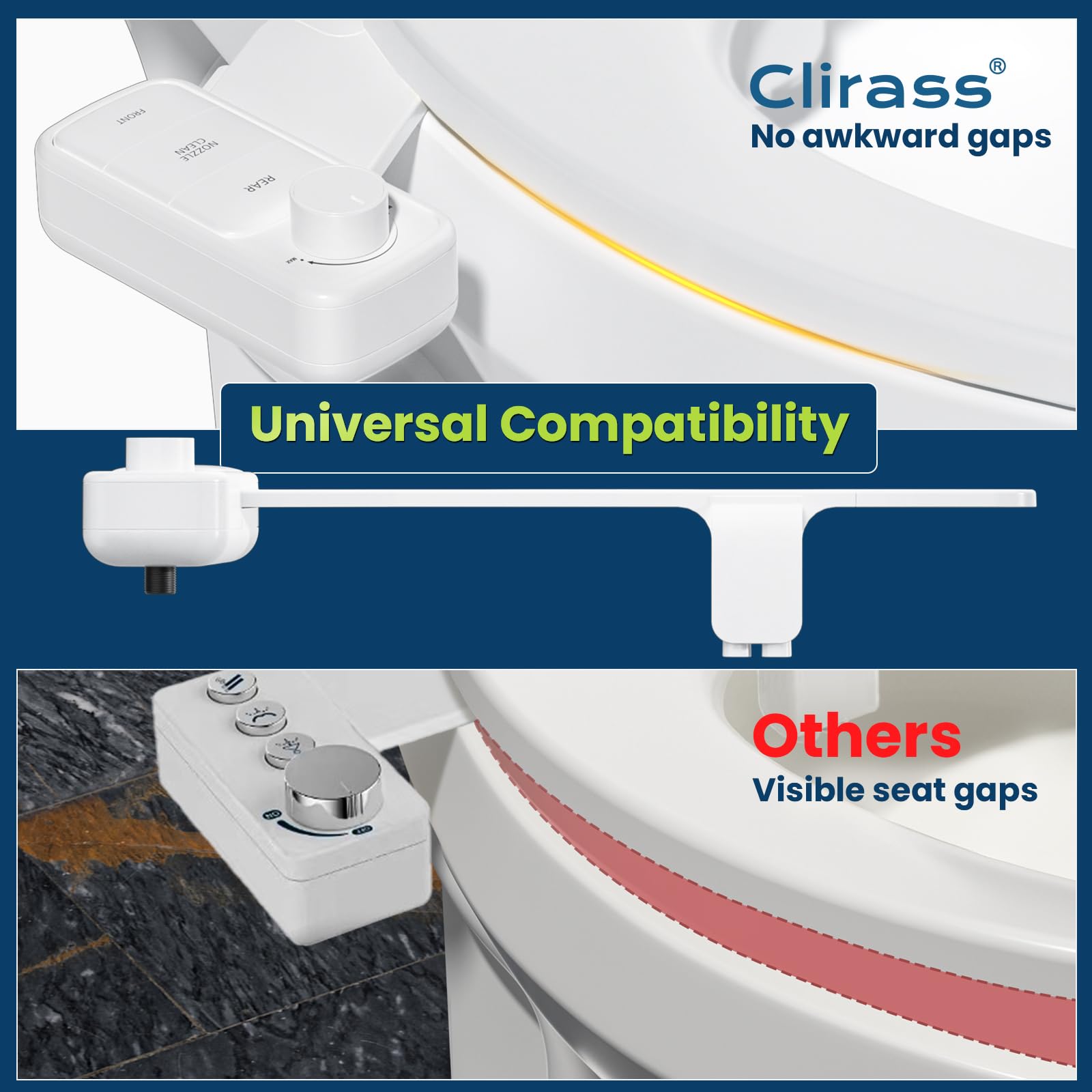 Clirass independent water-pressure knob close-up enables repeatable spray intensity for comfort.