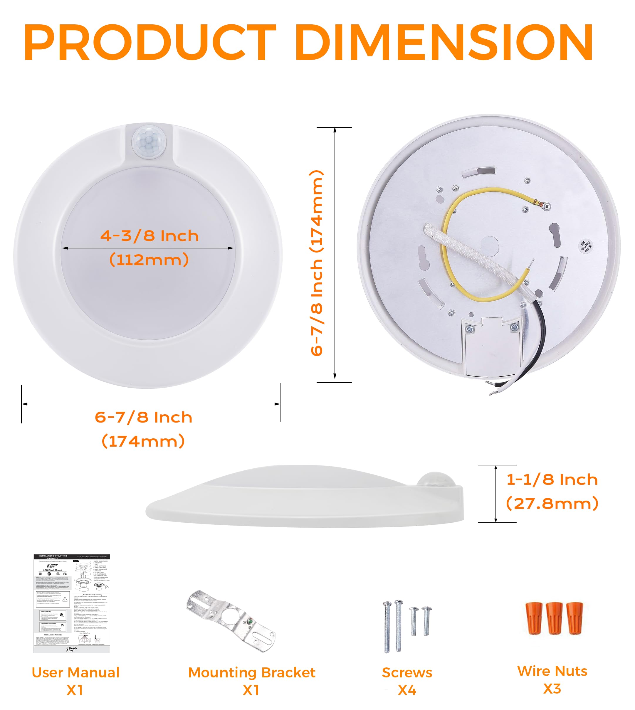 Cloudy Bay motion sensor ceiling light 120V hard-wired for steady power.