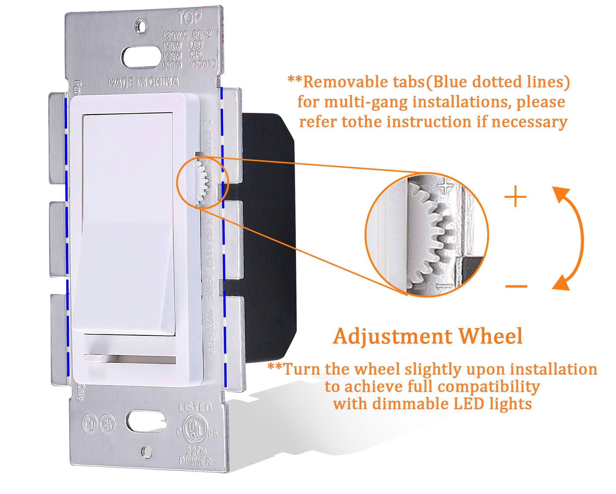 Cloudy Bay slide dimmer demonstrates smooth brightness adjustment for LED and incandescent bulbs.