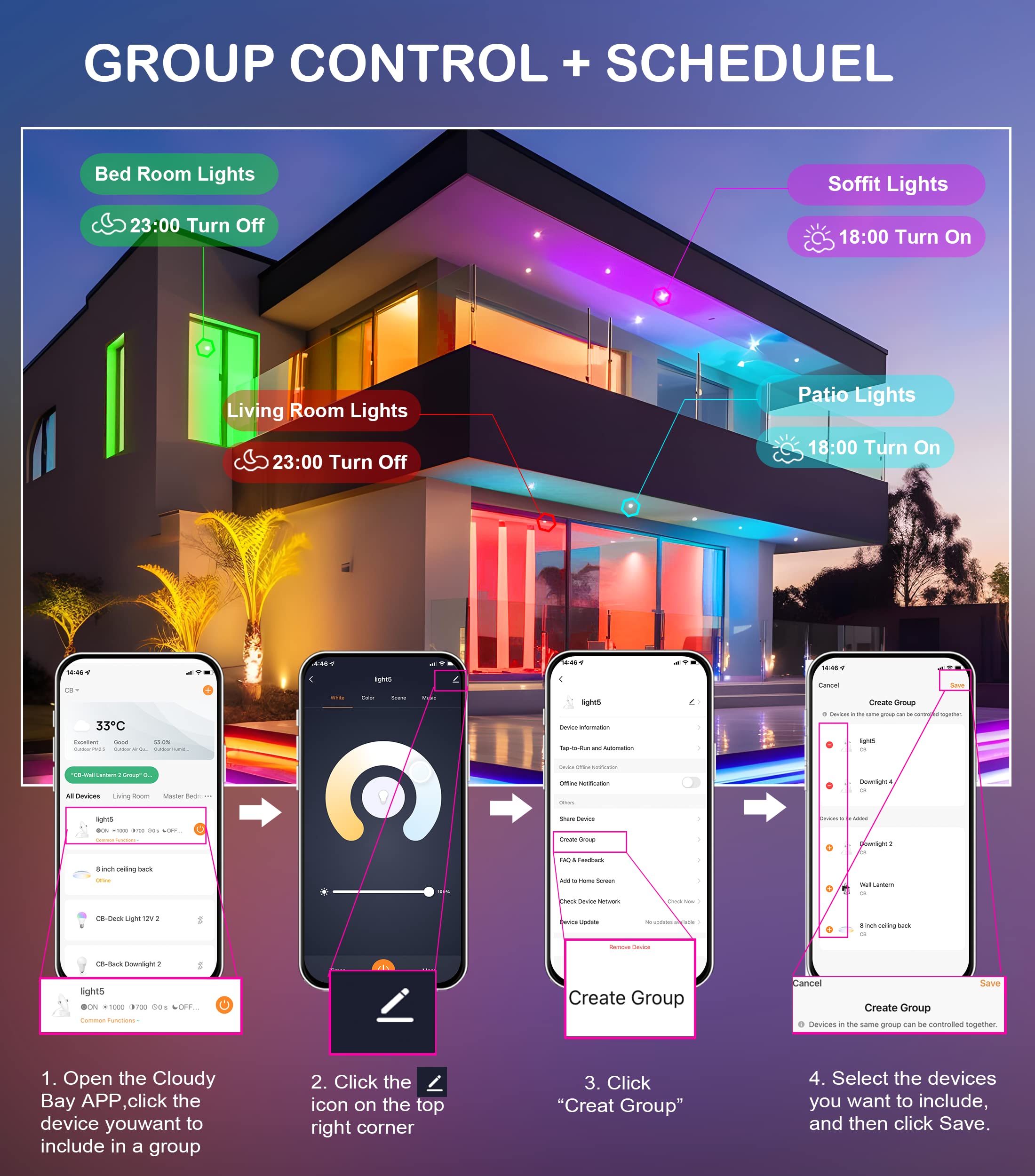 Cloudy Bay group and schedule control enables multi-room lighting.