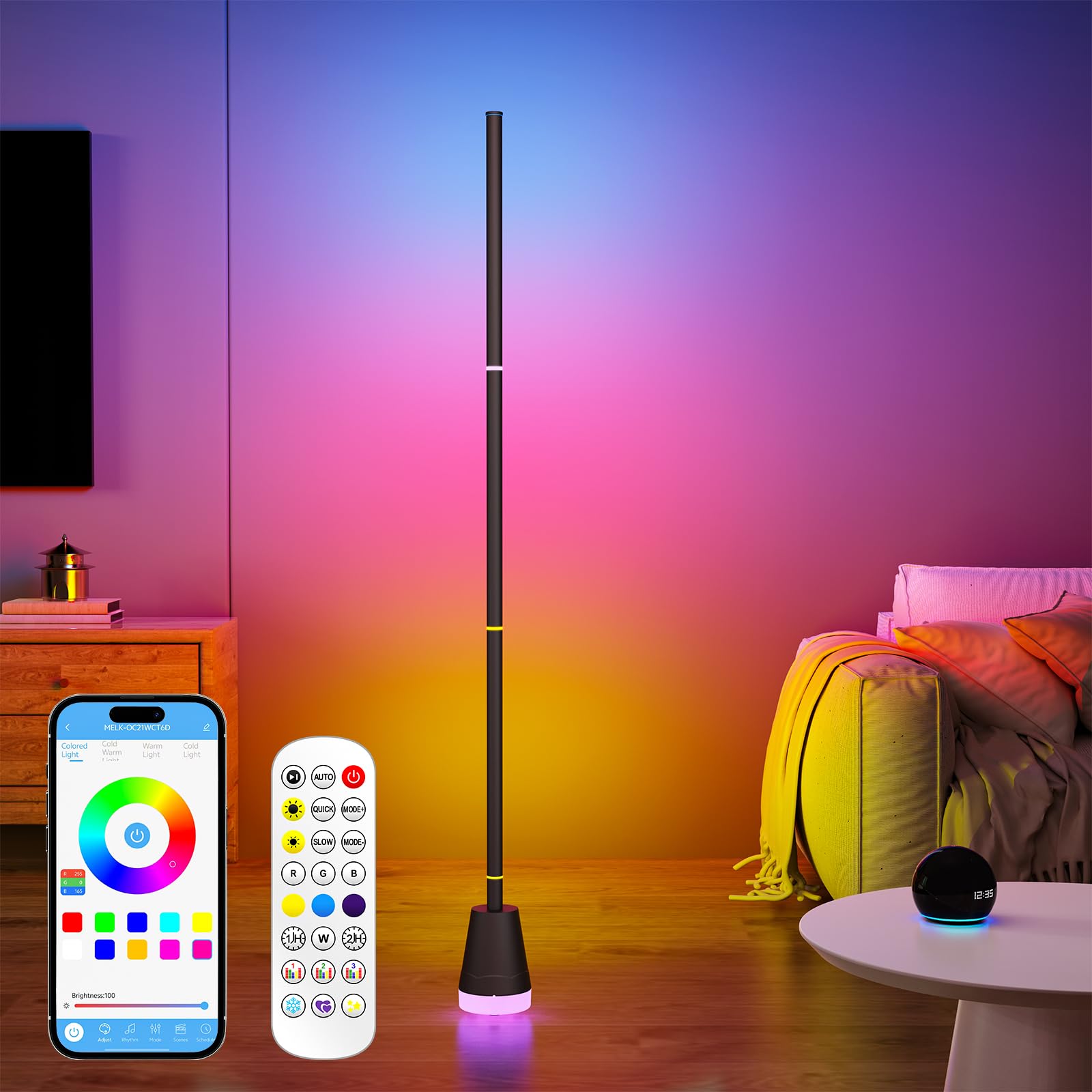 Clownya LED corner lamp with app control for customizable scenes in any room.