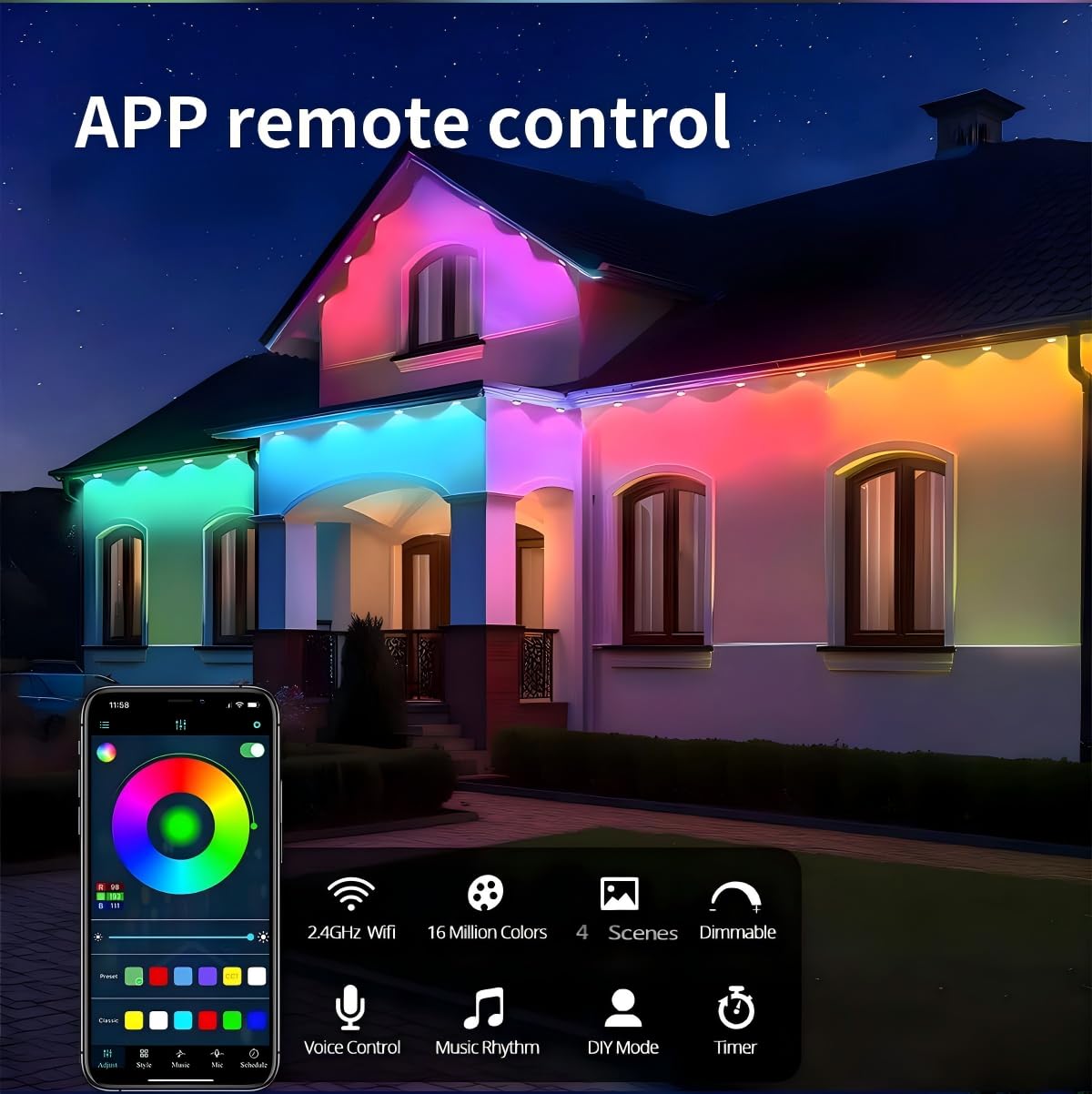 Clownya RGB outdoor lights along eaves for holiday charm and safety.