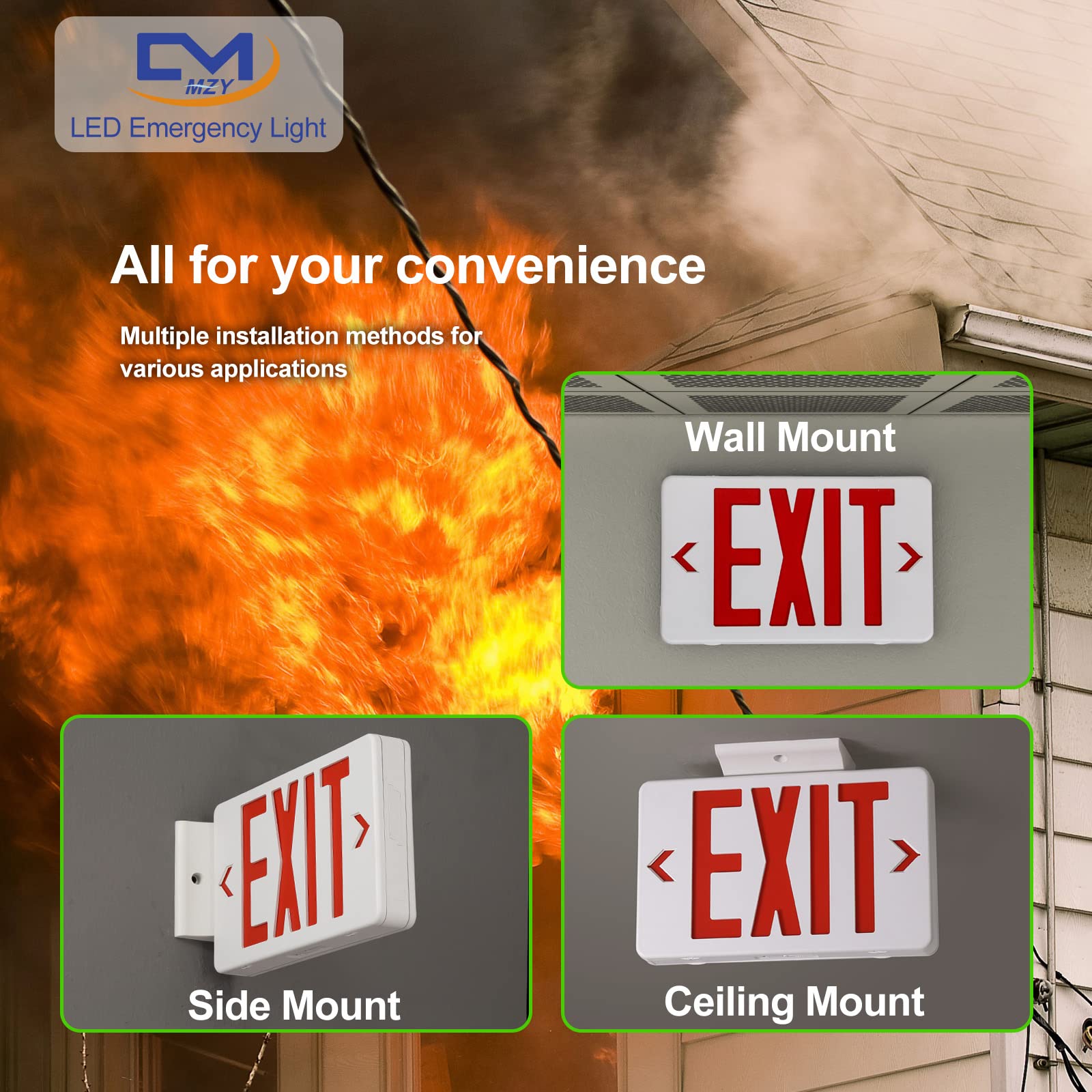 CM MZY exit sign offers top, side, and back mounting for flexible placement