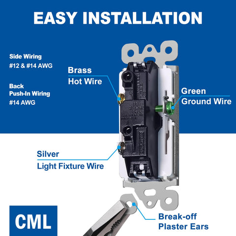 CML Decorator Wall Switch terminal screws support up to 12 AWG.
