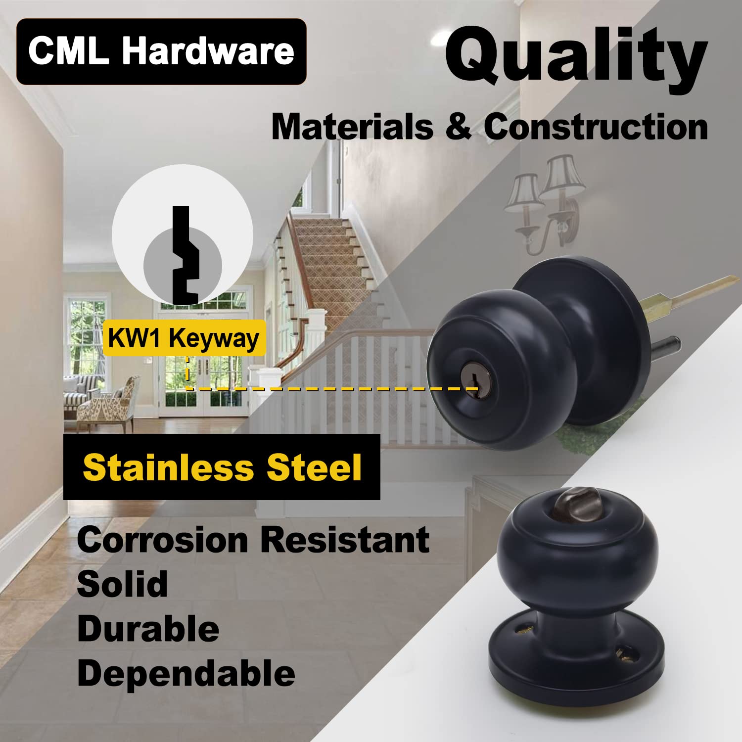 CML Hardware matte-black knob close-up highlights solid stainless build and smooth operation.
