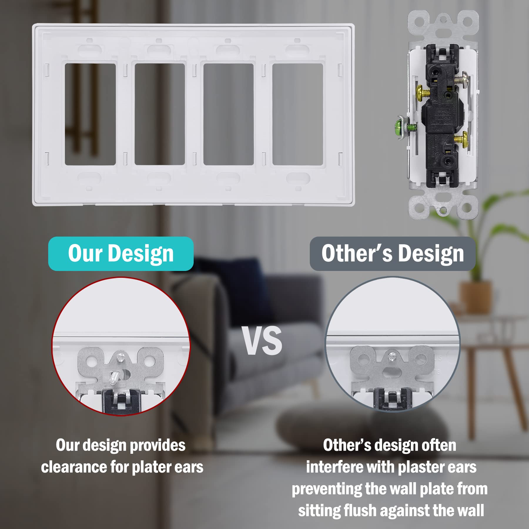 CML Hardware screwless wall plate front view showing flush, gap-free profile for 4-gang wiring