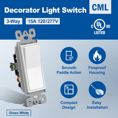 CML Hardware 20 Pack 3-Way Decorator Paddle Rocker Wall Switch – 15A ...