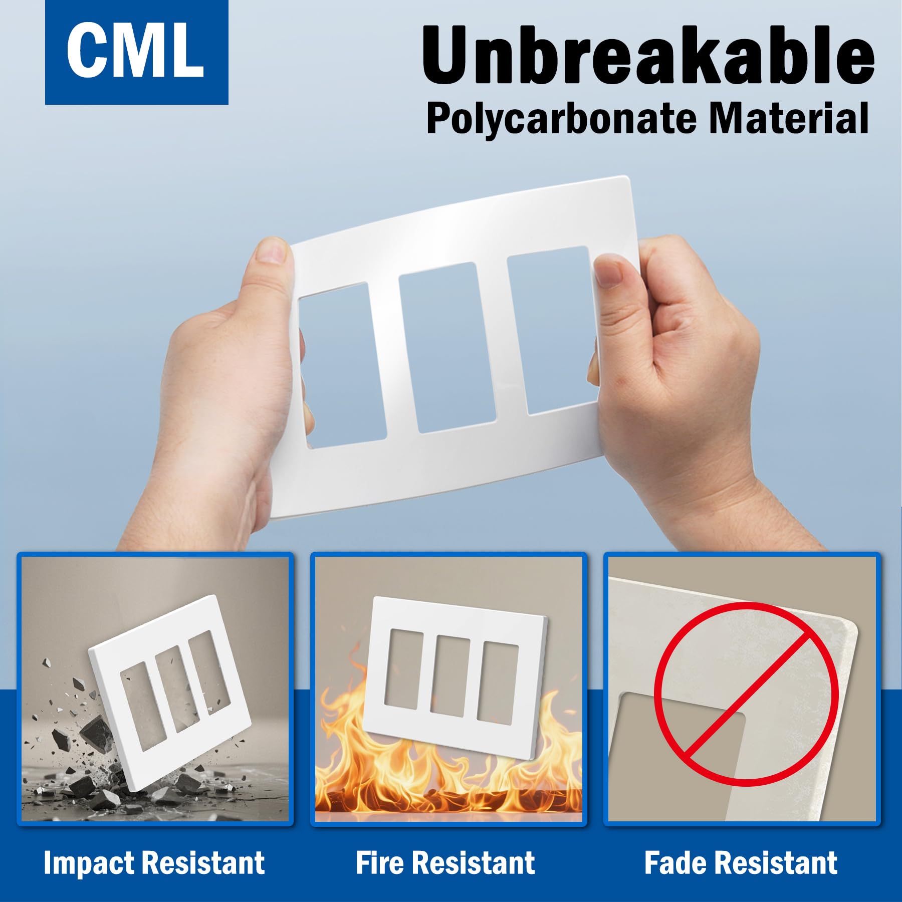 CML Hardware screwless wall plate close-up highlights scratch-resistant matte surface.