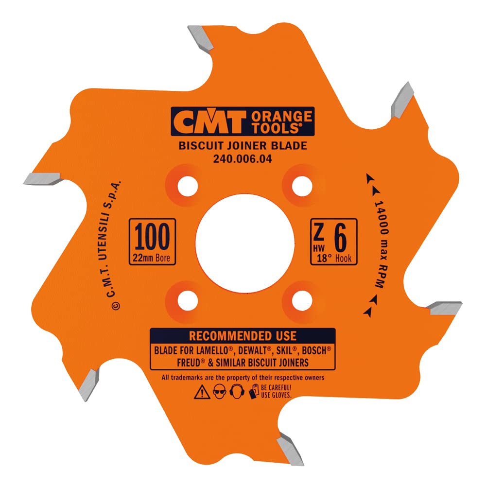 CMT orange-tools biscuit joiner blade close-up showing six carbide teeth for durability
