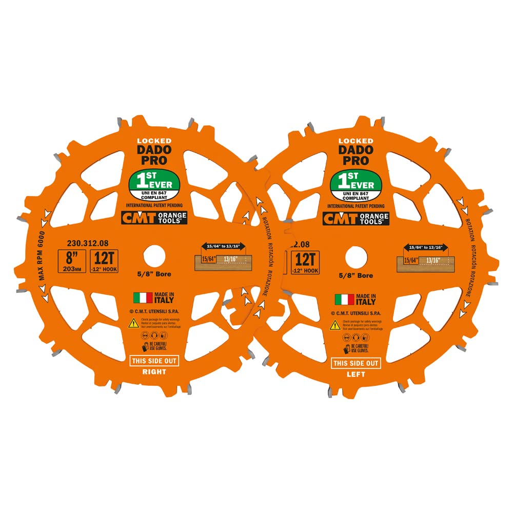 CMT Orange Tools 8in arbor ready for mounting on the dado set