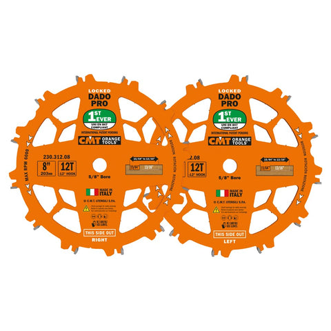 CMT Orange Tools 8in arbor ready for mounting on the dado set