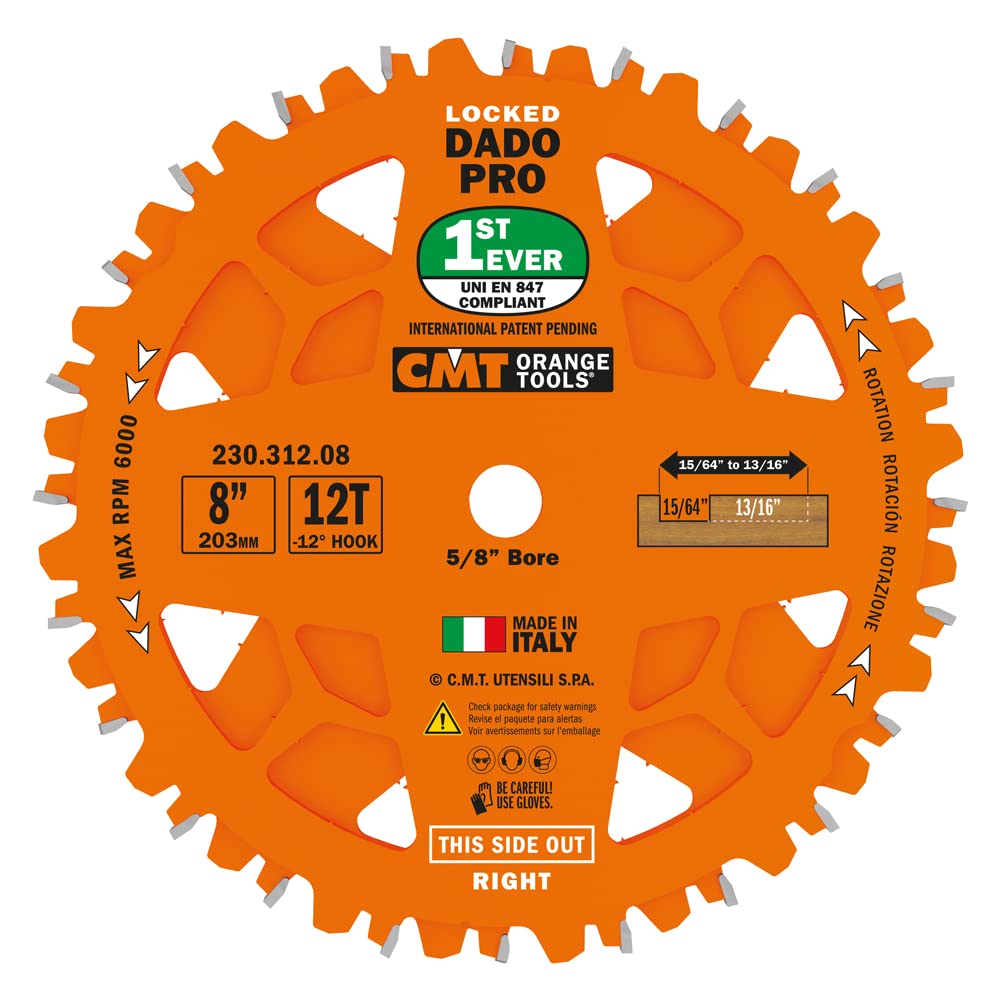 CMT Orange Tools 8in dado blade in action producing precise grooves in solid wood