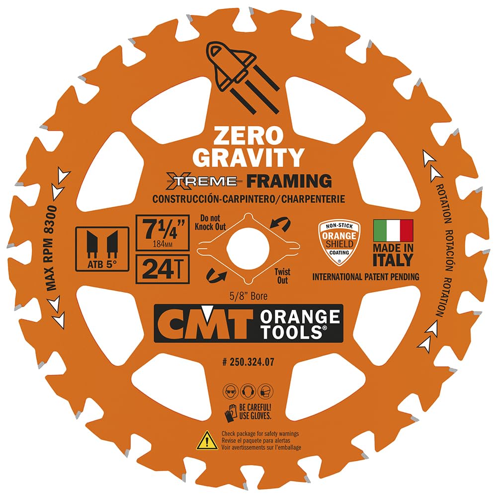 CMT Orange Tools framing Zero Gravity blade for 7-1/4 x 5/8 in cuts with efficient chip evacuation.