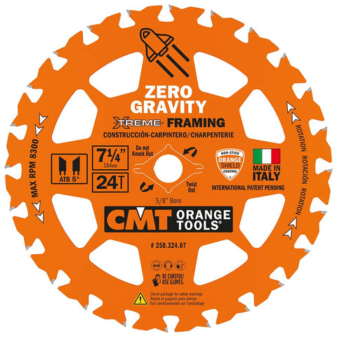 CMT Orange Tools framing Zero Gravity blade for 7-1/4 x 5/8 in cuts with efficient chip evacuation.