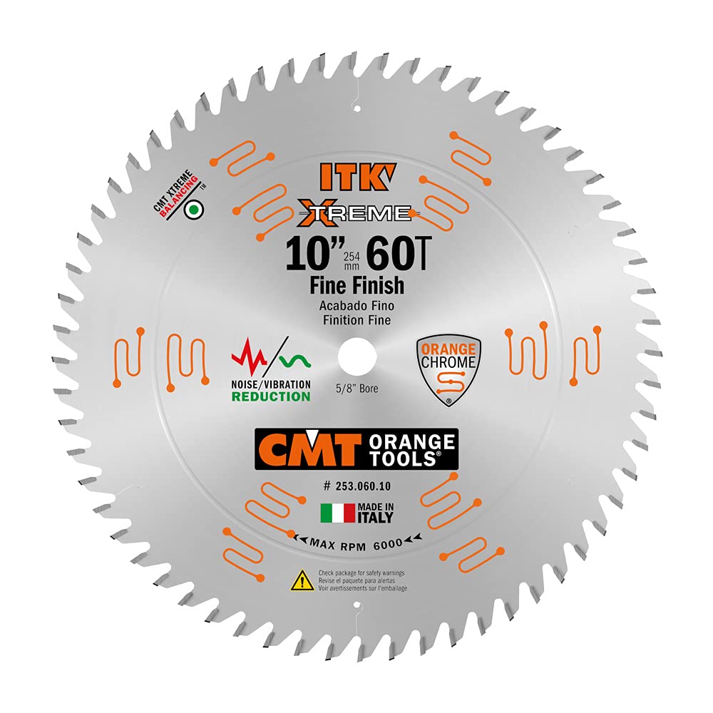 CMT ORANGE TOOLS ITK 10in finish-miter blade image showing precise crosscuts in hardwood.