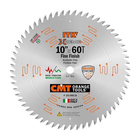 CMT ORANGE TOOLS ITK 10in finish-miter blade image showing precise crosscuts in hardwood.