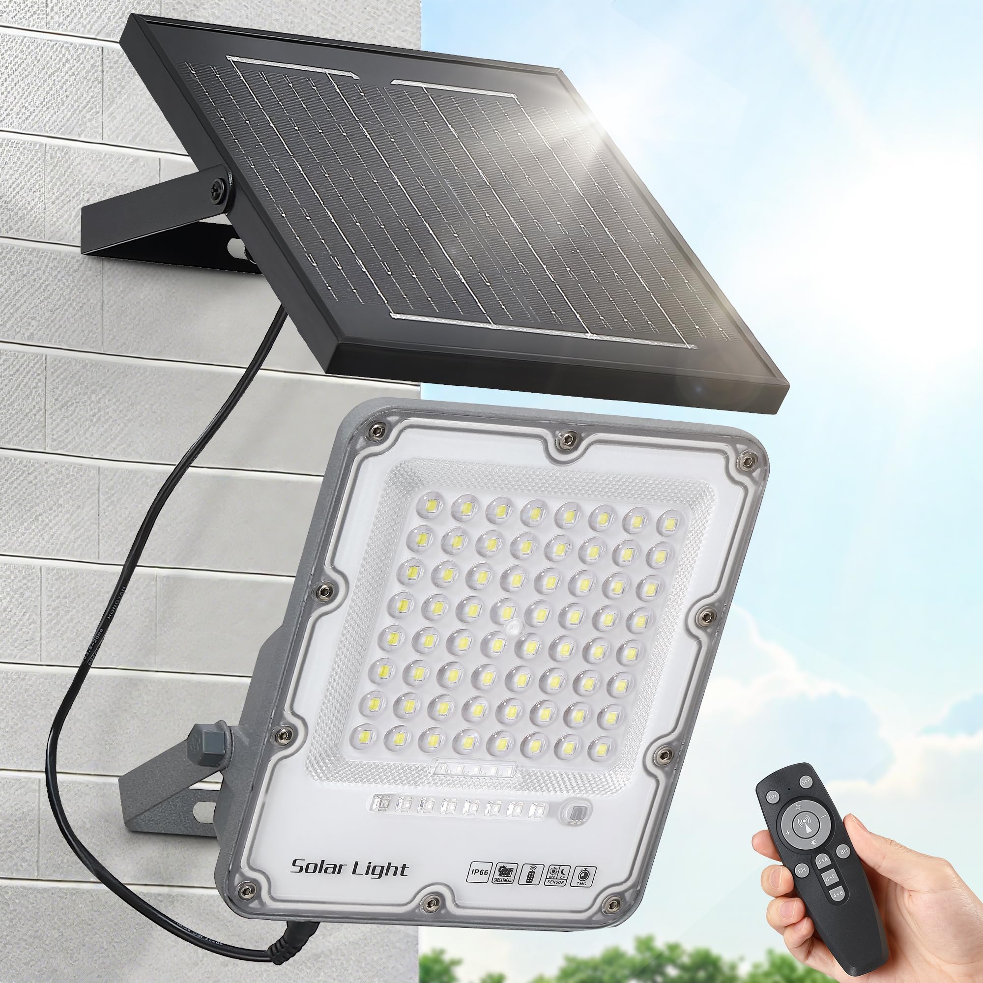 CNOIJUTS 100W solar flood light outdoors provides bright parking lot illumination