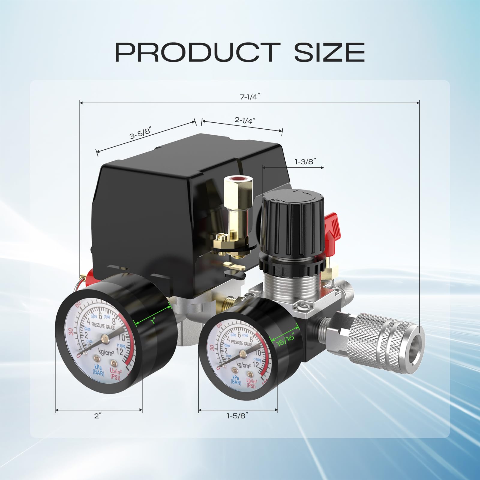 Cnaodun four-port regulator and gauge for versatile air pressure control.