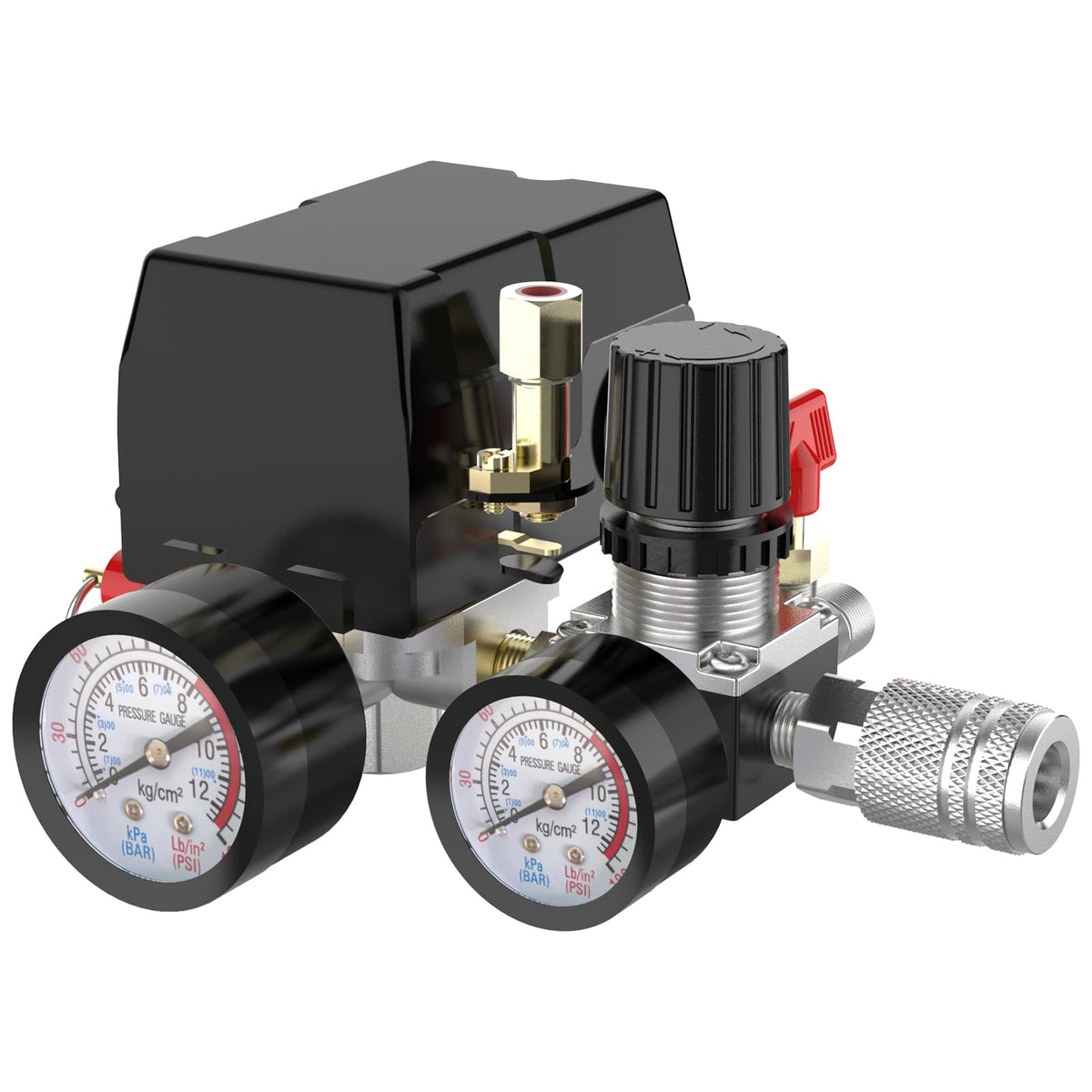 Cnaodun pressure switch with red top knob showing easy operation for quick adjustments.