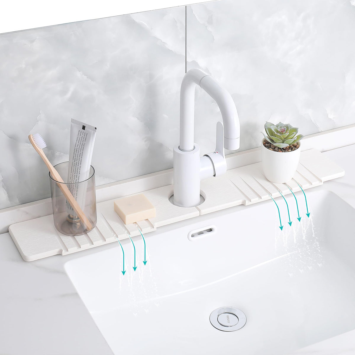 Cnbnd stone sink mat around faucet catches drips and keeps counters dry.