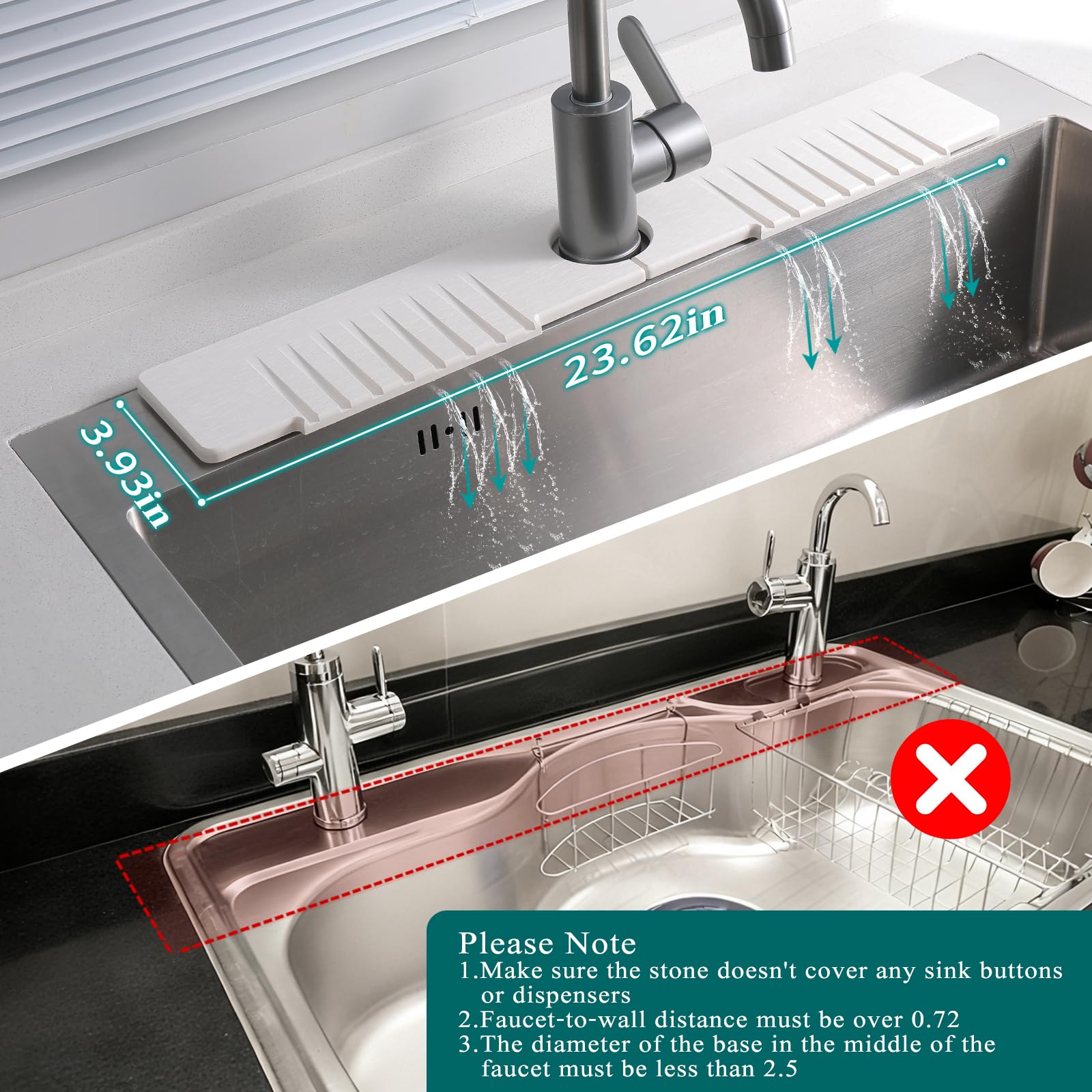 Cnbnd stone mat with drain grooves directs water back into the sink.