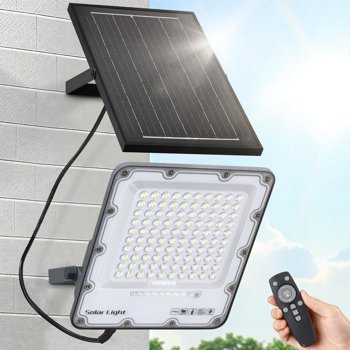 CNOIJUTS 200W solar flood light with remote for bright outdoor illumination and control