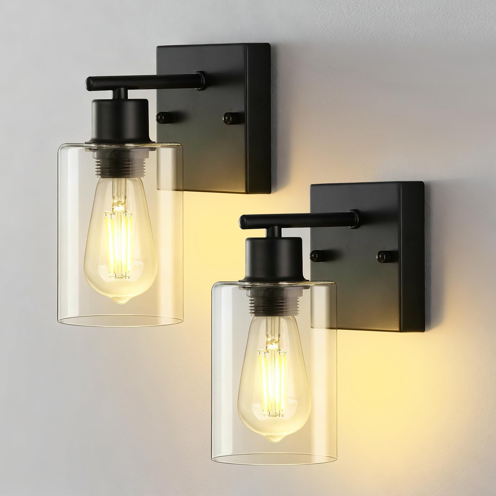 CNOIJUTS 2-pack wall sconces in matte black with clear glass shade for bathroom lighting