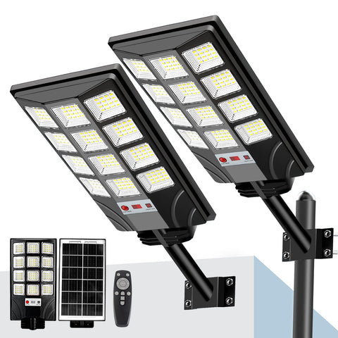 CNOIJUTS solar street light 2-pack front view with wide coverage for parking areas.