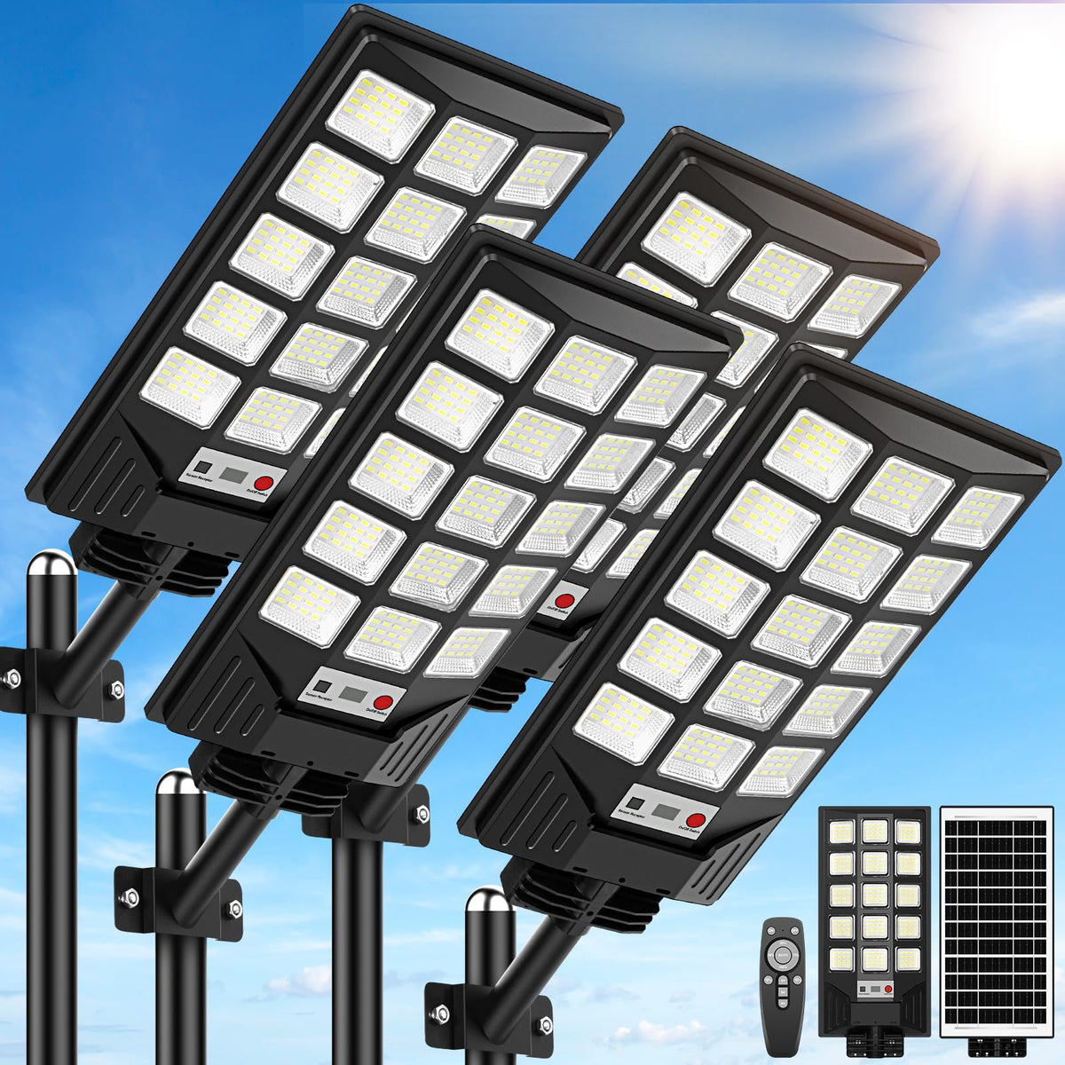 CNOIJUTS solar street light four-pack lighting outdoor areas with wireless operation.