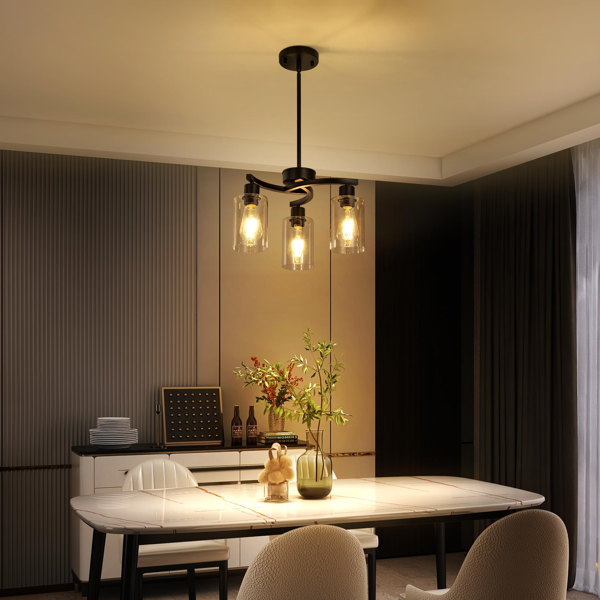 CNRATYE arc-shaped black chandelier adds modern drama to dining rooms.