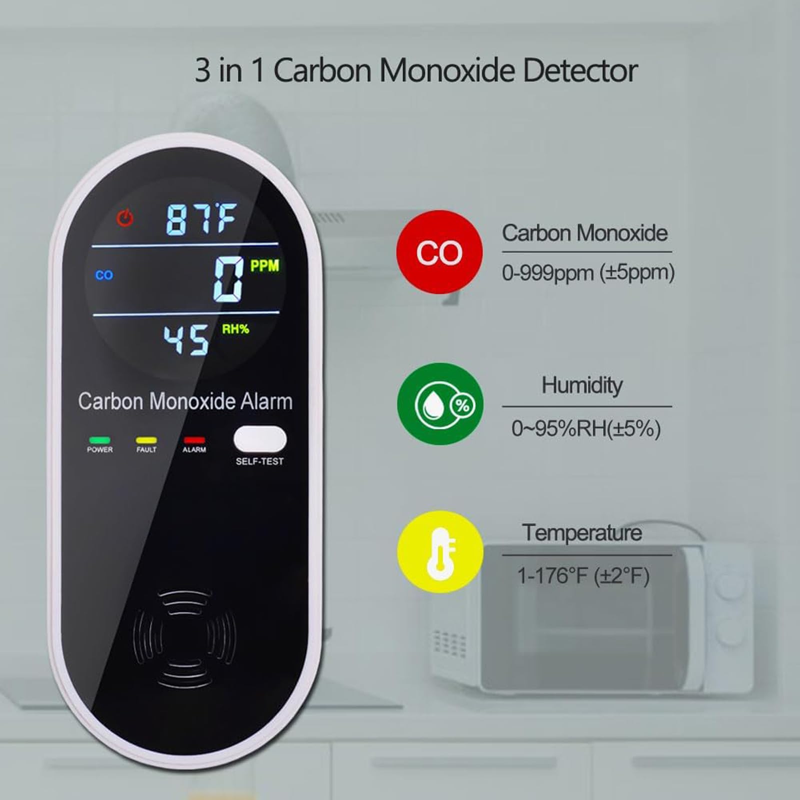 Voice and light alarm active on the 3-in-1 CO detector for clear alerts