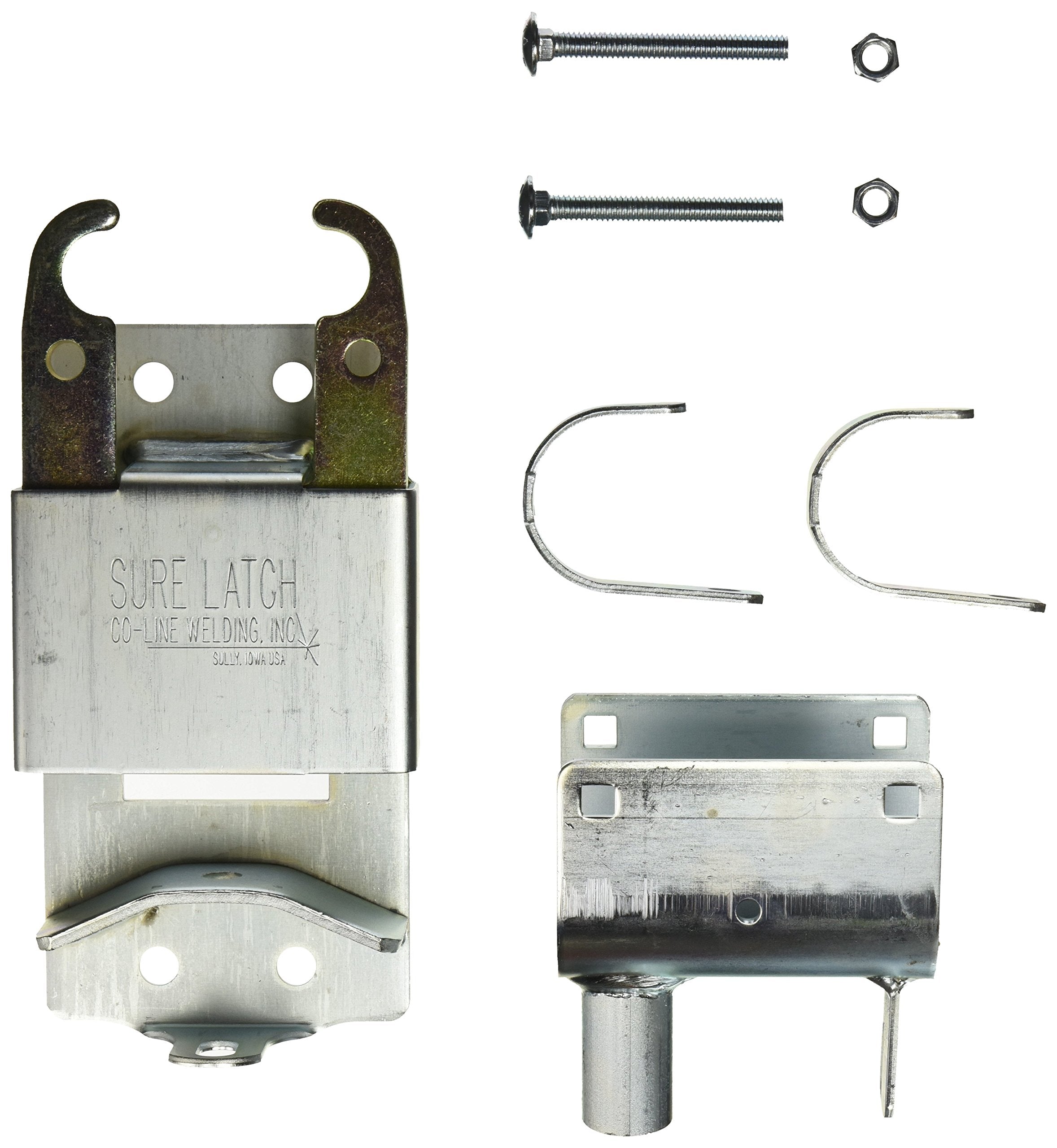 CO-LINE WELDING R-158-2L locking mechanism close-up highlights sturdy hardware for farm gates.