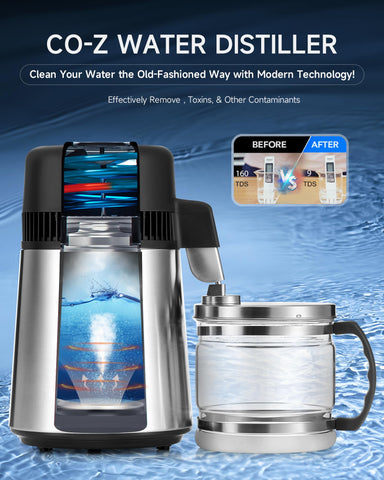 CO-Z 1.1 gallon distiller front view with glass pot for easy access