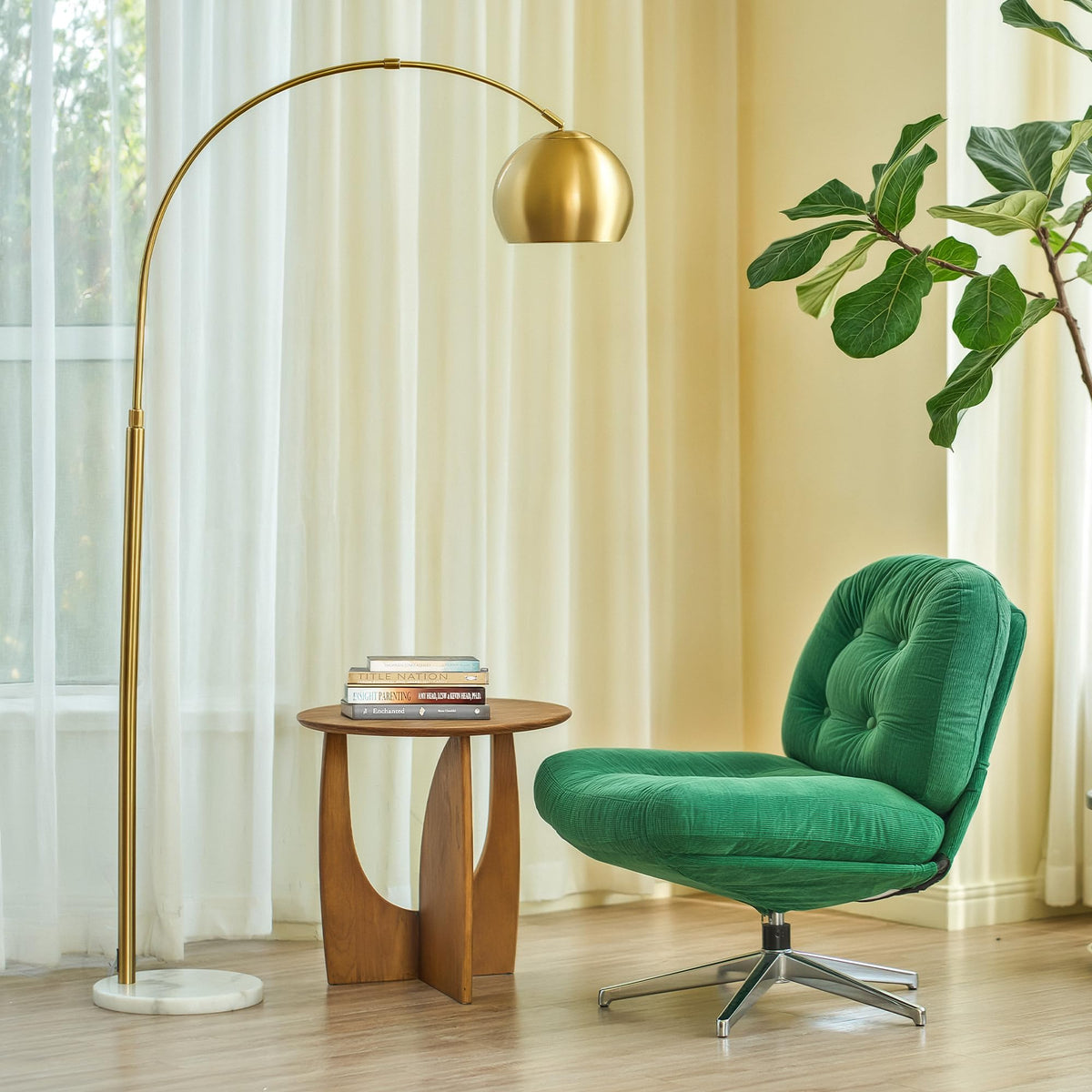 CO-Z 69-inch arc floor lamp with brushed gold finish adds stylish ambient lighting.