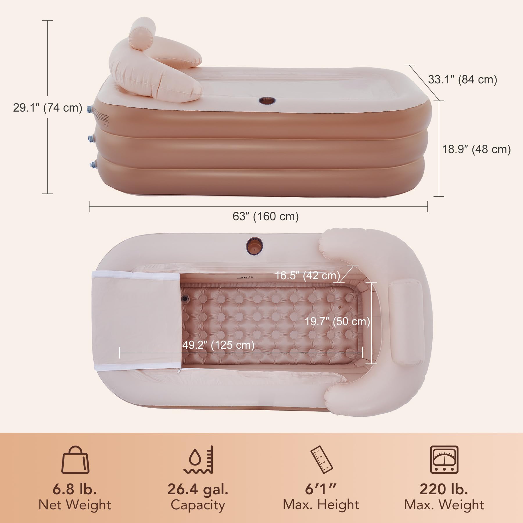 CO-Z inflatable bathtub with ergonomic armrest aids lounging
