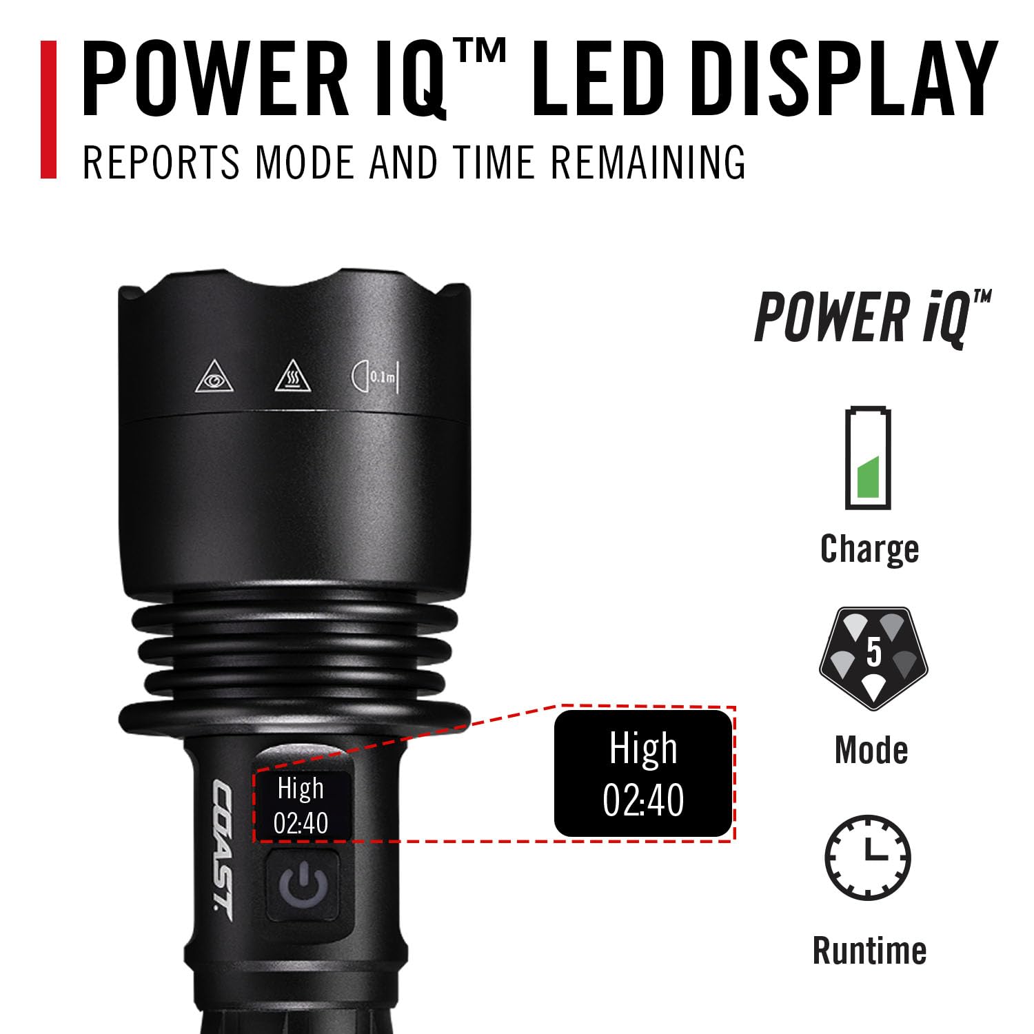Coast XP40R turbo mode delivers maximum brightness for distance tasks.