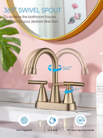 Pop-up drain with overflow matches the brushed gold finish.