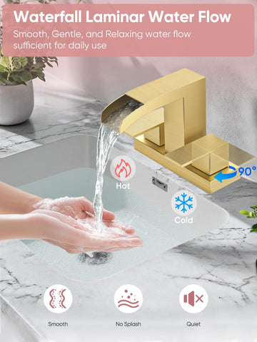 Cobbe brushed gold faucet with dual levers for precise temperature control