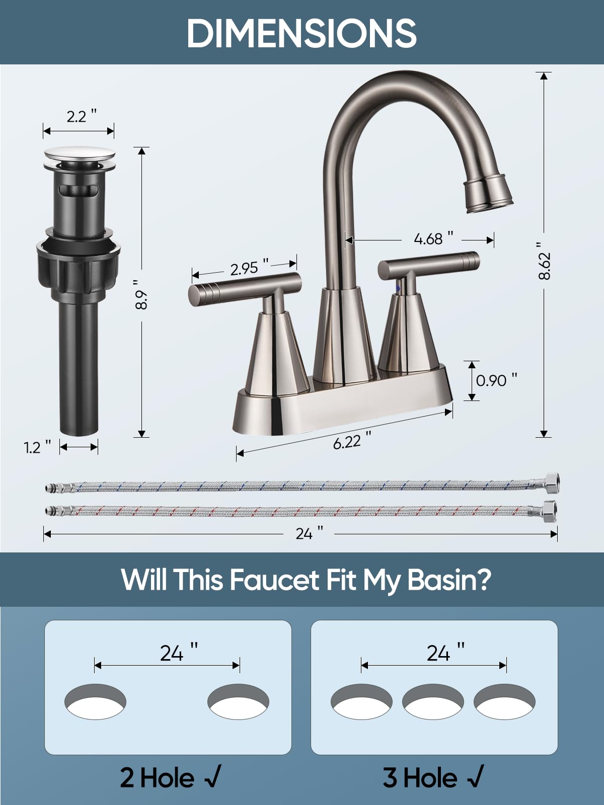 Cobbe brushed nickel faucet fits 3-hole setups and more for versatility