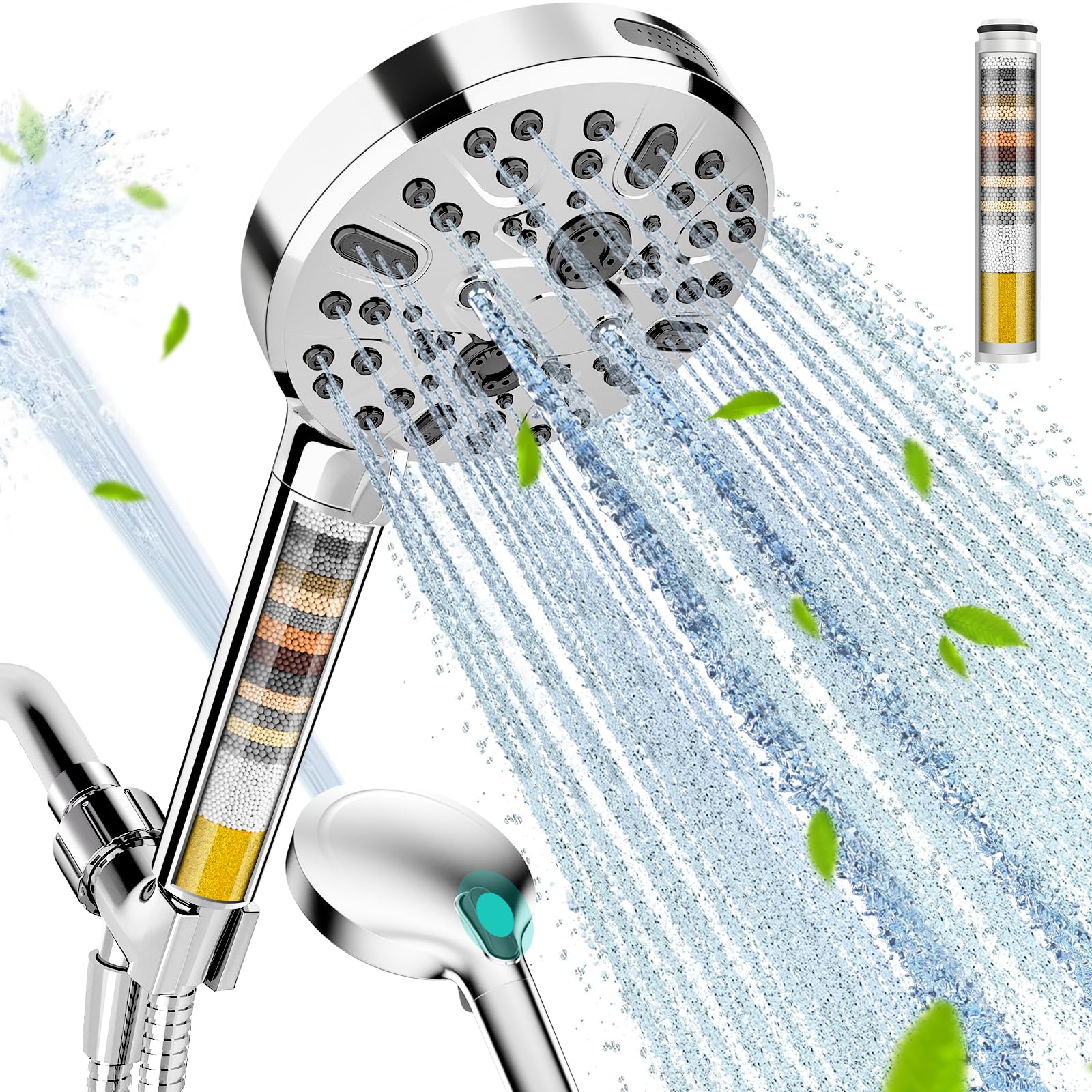 Cobbe filtered shower head chrome front view highlights sleek finish and filtration benefits.