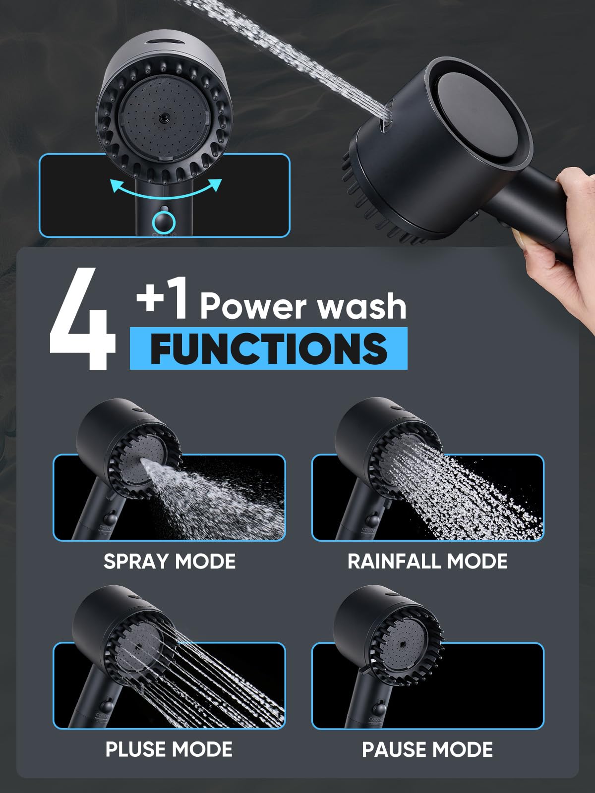 Cobbe five-spray mode shower head offering rain, massage, mist, saving, and power wash.