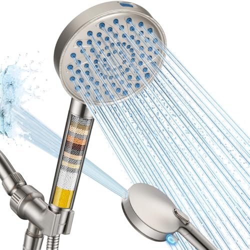 Cobbe filtered handheld showerhead in brushed nickel reduces chlorine while maintaining strong pressure