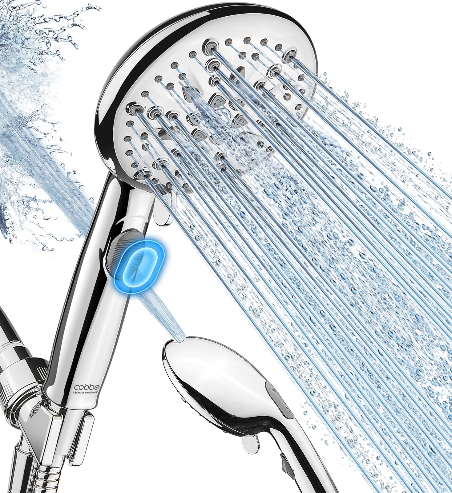 Cobbe high-pressure shower head with pause button enabling instant water control