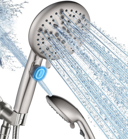 Cobbe high-pressure shower head with pause button showing water control and spray pattern
