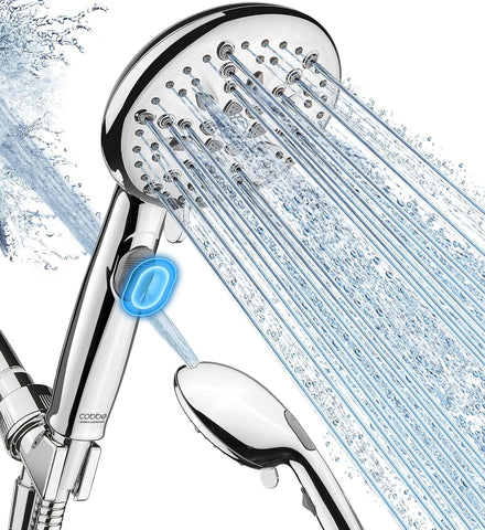 Cobbe high-pressure shower head with pause button enabling instant water control